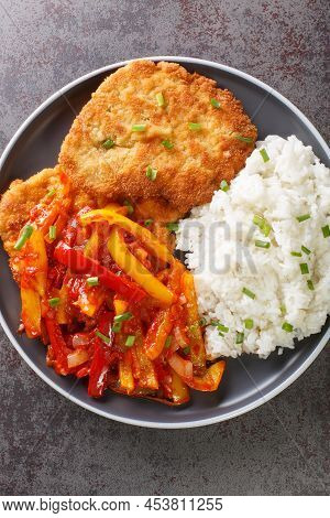 Zigeuner Schnitzel Or Balkanschnitzel Or Paprikaschnitzel Gravy With Peppers And Onions Close-up In 