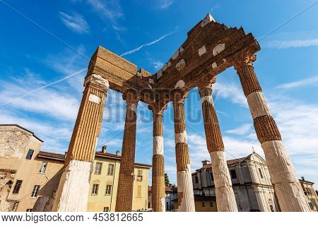Ancient Ruins Of The Capitolium Roman Temple (tempio Capitolino) In Brescia Downtown, 73 Ac, Unesco 