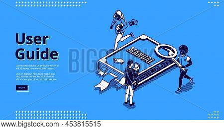 User Guide Isometric Landing Page, Tiny People Around Of Huge Manual Book, Woman Carry Documents, Ma