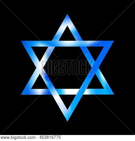 Sky Color Sacred Star Of David Vector Symbol Isolated On Black. Shield Of David. Magen Illustration,