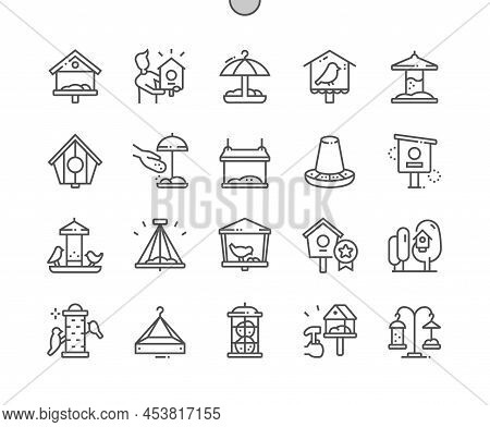 Bird Feeders. Bird House On Tree. Diy Bird Feeder. Pixel Perfect Vector Thin Line Icons. Simple Mini