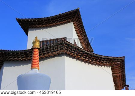 Fragment Of Wooden Ceilings Of The Roof Of A Buddhist Temple In Kyzyl. Republic Of Tuva.