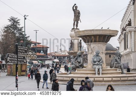 Skopje, North Macedonia - December 2018: View Of Olympias Monument And Philip Ii Of Macedon Monument