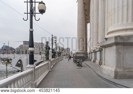Skopje, North Macedonia - December 2018: View Of Dimitar Valhov Walk.