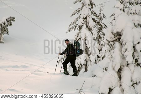 View Of Skier Climbing The Hill On Splitboard. Ski Touring In Mountains.