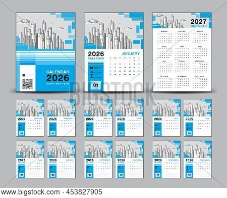 Calendar 2026 Design Set And Blue Cover Calendar 2026 Template, Week Starts Sunday, Wall Calendar 20