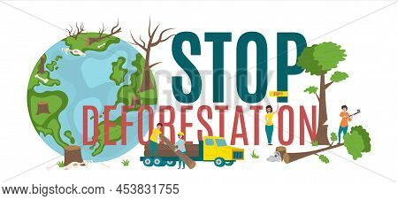 Deforestation Concept With Environmental Protection And Destruction Symbols Flat Vector Illustration