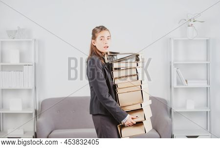 Sadness Manager Have So Many Paperwork In The Office. Sad Secretary Girl, Stressed Overworked Busine
