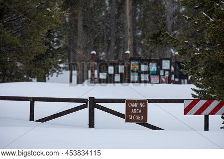Sign Posted About Camp Is Closed As Its Covered With Deep Snow