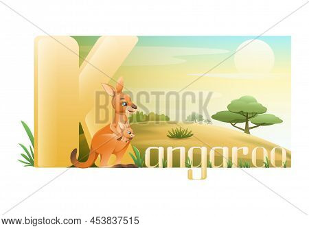 Cute Mother Kangaroo With Baby In Pouch On Background With Plain Landscape Cartoon Vector Illustrati