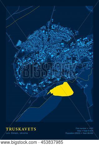 Town Truskavets Lviv Oblast Ukraine Vector Poster Highly Detailed Map In Patriotic National Yellow B