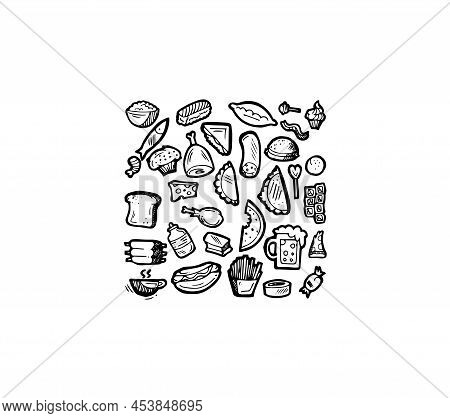 Set Of Food. Baking Buns And Meat Dishes. Hand Drawing Outline. Isolated On White Background. Monoch