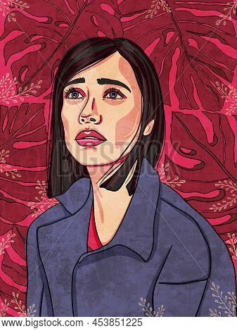 Girl Looks Up With Hope On Monstera Background. Abstract Modern Woman Portrait. Women Empowerment. M