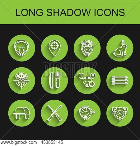 Set Line Hunter Hat, Two Crossed Shotguns, Bear Head On Shield, Flying Duck, Moose With Crosshairs, 