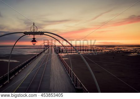 Southport Pier Panoramic View At Sunset With Scenic Landscape And No People. Romantic Travel Destina