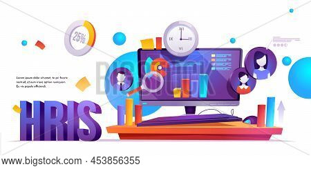 Hris, Human Resources Information System Cartoon Banner. It And Hr Technologies, Computer Screen Wit