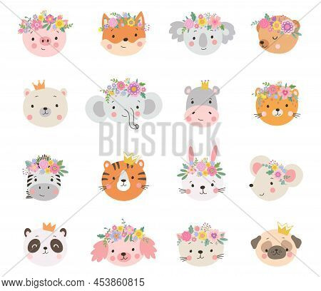 Animal Princesses In Crown. Floral Crowns On Princess, Queen Dog Cat Bunny And Coala. Cartoon Animal