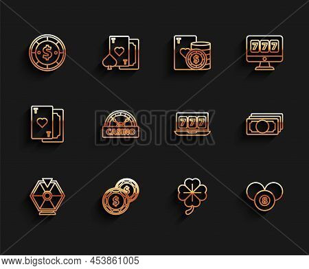 Set Line Lucky Wheel, Casino Chip With Dollar, Four Leaf Clover, Billiard Pool Snooker 8 Ball, Signb