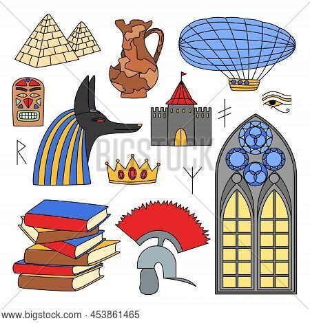 History Objects Illustrations Set. School Subject Design. Study, Science Concept. History Theme Desi
