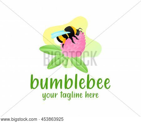 Bumblebee Sits On A Clover Flower, Illustration And Logo Design. Insect, Animal, Nature And Plant Wi