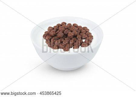 Chocolate Corn Flakes In Milk Isolated On White Background. Chocolate Corn Flakes And Milk In White 