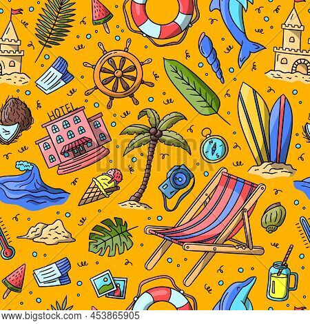 Vector Hand Drawn Summer Doodle Colored Seamless Pattern Background. Includes Cute Cartoon Style Sur
