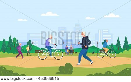 Elderly Activity Park. Senior People Running, Elder Cyclist On Bicycle, Older Man Walking In Summer