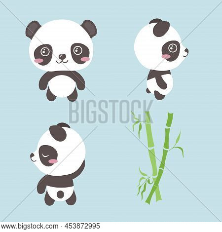 Set Of Cute And Beautiful Character Pandas On Blue Background. Vector Illustration Charming Animals 