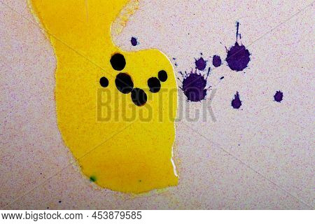 Abstract Painting Is Realized With Mixed Media. The Dripping Technique Is Made With Yellow And Blue 