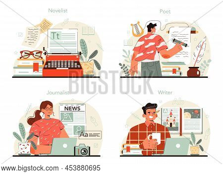 Writer Concept Set. Author Writing Script Of A Novel. Bestseller Publishing