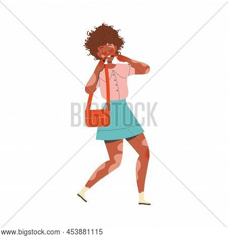 Woman Character With Vitiligo Showing Smile With Fingers As Hand Gesture Expressing Emotion With Bod
