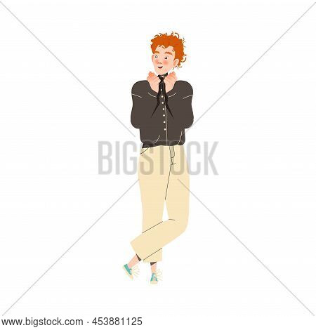 Smiling Redhead Man Character With Clenched Fists Showing Hand Gesture Expressing Emotion With Body 