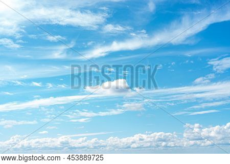 Blue Sky With Clouds Background, Different Types Of Clouds In The Sky: Thunderclouds, Cumulus, Cirru