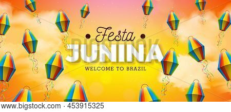 Festa Junina Illustration With Paper Lantern And Typography Lettering On Sun Yellow Cloudy Sky Backg