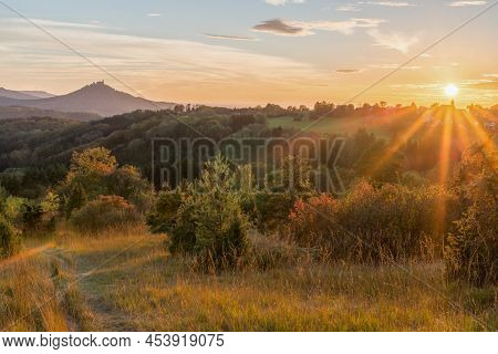 Sunset At Autumn With View To The Castle Hohenzollern, Germany