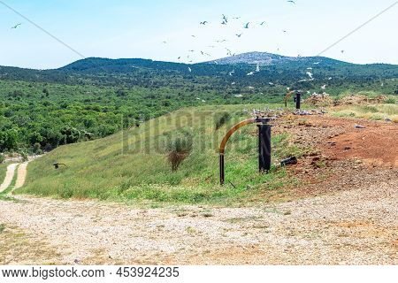 System Of Landfill Site Degassing To Prevent Burn Off Gases. Waste Landfill Methane Gas Is Dangerous