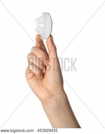 Woman Holding Anti-snoring Device For Nose On White Background, Closeup