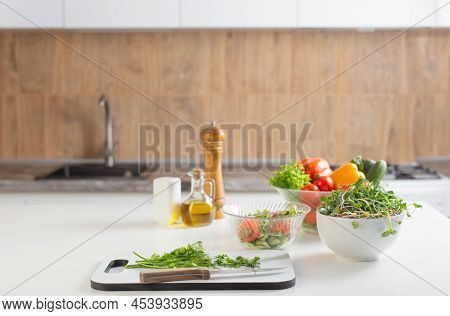 The Healthy Vegetarian Salad On White Table