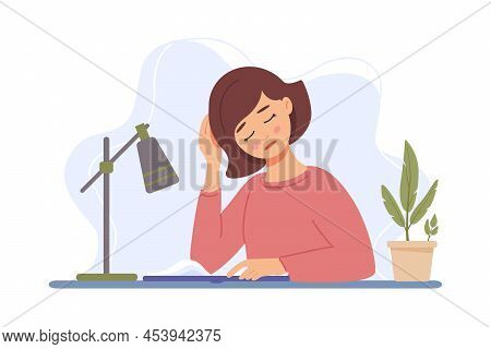 Sad Girl Is Reading Book. Woman Is Sitting At Table Next Lamp And Flower. Literature, Reading, Book 
