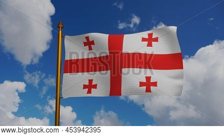 National Flag Of Georgia Waving 3d Render With Flagpole And Blue Sky, Republic Of Georgia Flag Texti