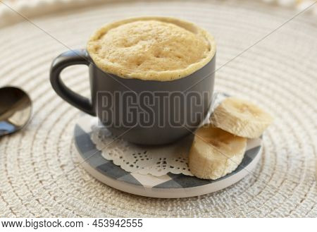 Selective Focus. Homemade Portioned Banana Bread Mugcake In Small Mugs.