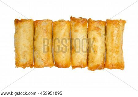 Group Of Mini Spring Rolls, Ready To Eat, In A Row, From Above. Small Spring Rolls, Crispy Baked In 