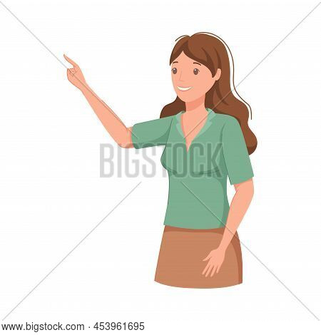 Woman Character Indicating Something Pointing With Index Finger As Hand Gesture Specifying Direction