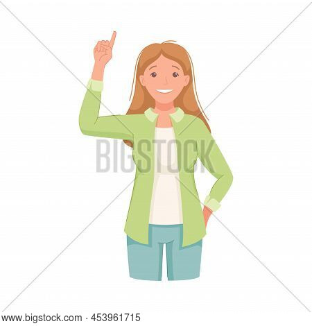 Woman Character Indicating Something Pointing With Index Finger As Hand Gesture Specifying Direction
