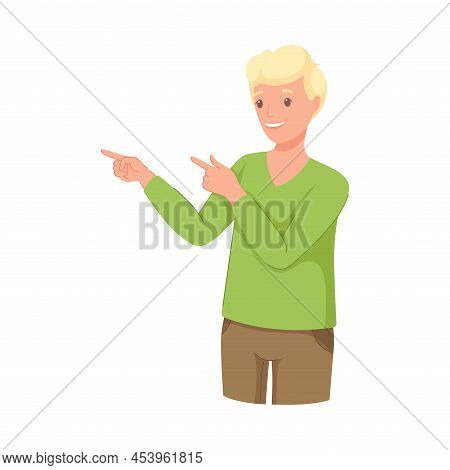 Man Character Indicating Something Pointing With Index Finger As Hand Gesture Specifying Direction V