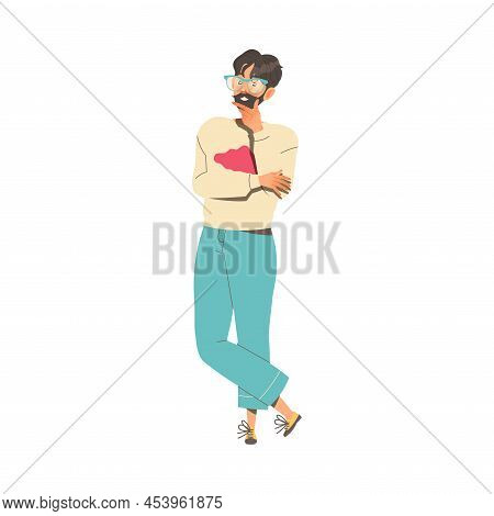 Bearded Man Character Scratching Chin Thinking Showing Hand Gesture Expressing Emotion With Body Lan