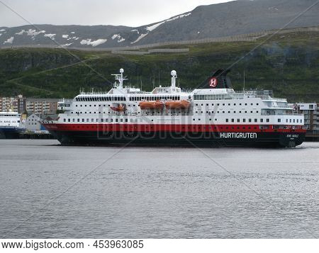 Hammerfest, Norway - June 27 2012: Hurtigruten Ro-ro - Passenger Ship Kong Harald Arriving To Hammer