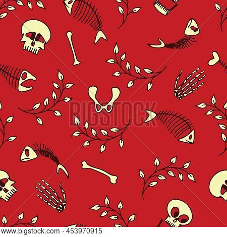 Seamless Pattern Of Skull, Hand, Leg, Pevic, Fish Bones With Leaves On Mid Green Background. Vector 