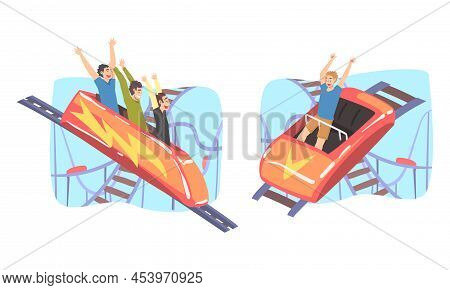 People Character Riding Roller Coaster Laughing Having Fun In Amusement Park Vector Set