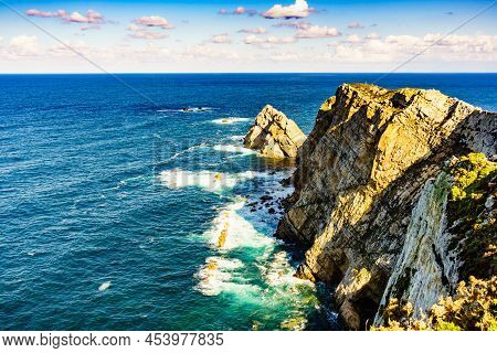 Seascape Of Atlantic Ocean And Asturias Rocky Coast At Cape Penas. Sea Shore With High Cliffs In Nor